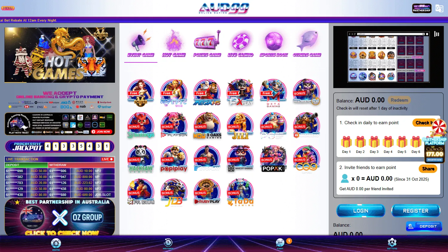AUD99 Casino desktop home with the AUD wallet and platform categories