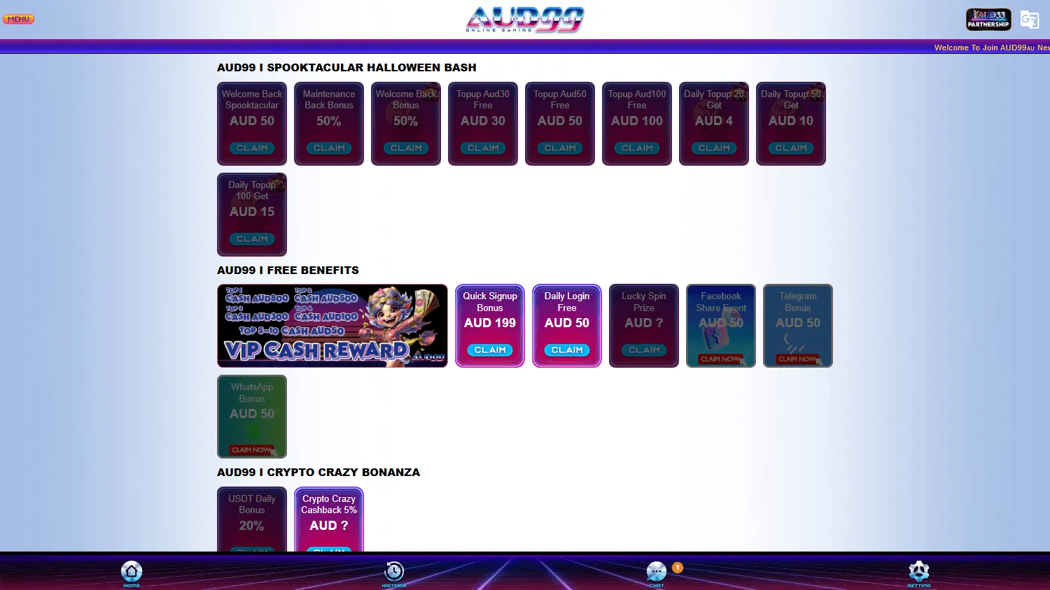 AUD99 Casino desktop promotions area with joining offers and player rewards