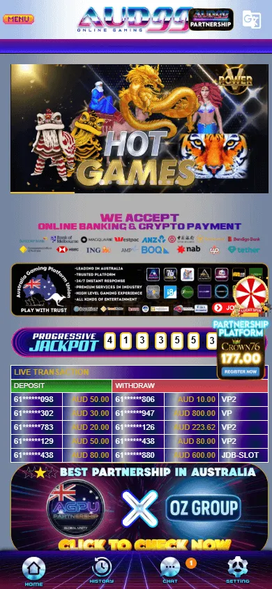 AUD99 Casino mobile home with category navigation and the shared AUD balance
