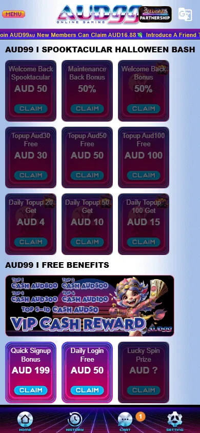 AUD99 Casino mobile promotions area with available offers and reward choices